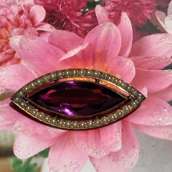 *RARE* VINTAGE F&B (FOSTER & BAILEY) AMETHYST SEED PEARL GOLD FILLED PIN BROOCH - Picture 1 of 6